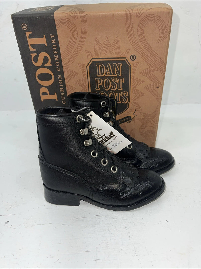 New Infants Black Ostrich Print Lace Up Dan Post Cowboy Boots. 6.5 6 1/2 D. 24-5