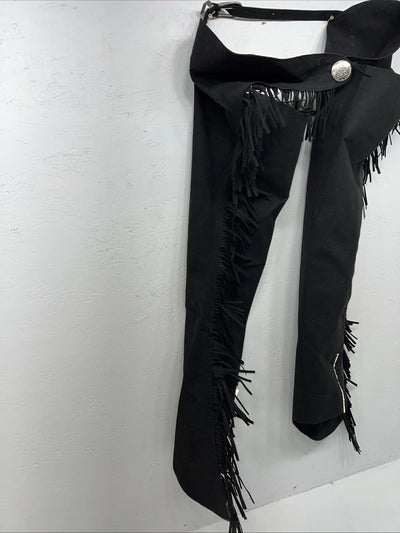 New Black Tough 1 Show Chaps With Fringe Adjustable Waist 43” Small N-42