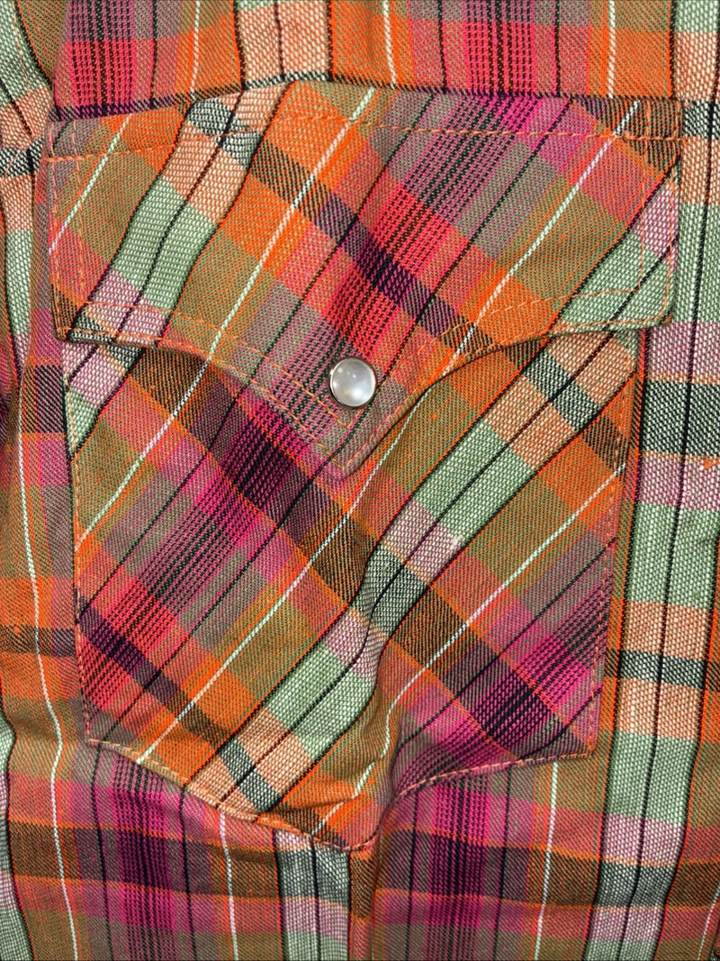 New Men’s Champion Western Orange Pink Plaid Long Sleeve Pearl Snap Small AA-88 