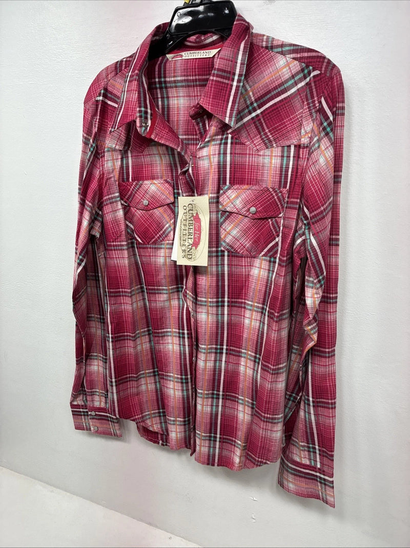 New Women’s Cumberland Pink Plaid Long Sleeve Pearl Snap Medium LL-49