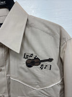 New Men’s White Horse Brown Embroidered Long Sleeve Pearl Snap Medium K-59