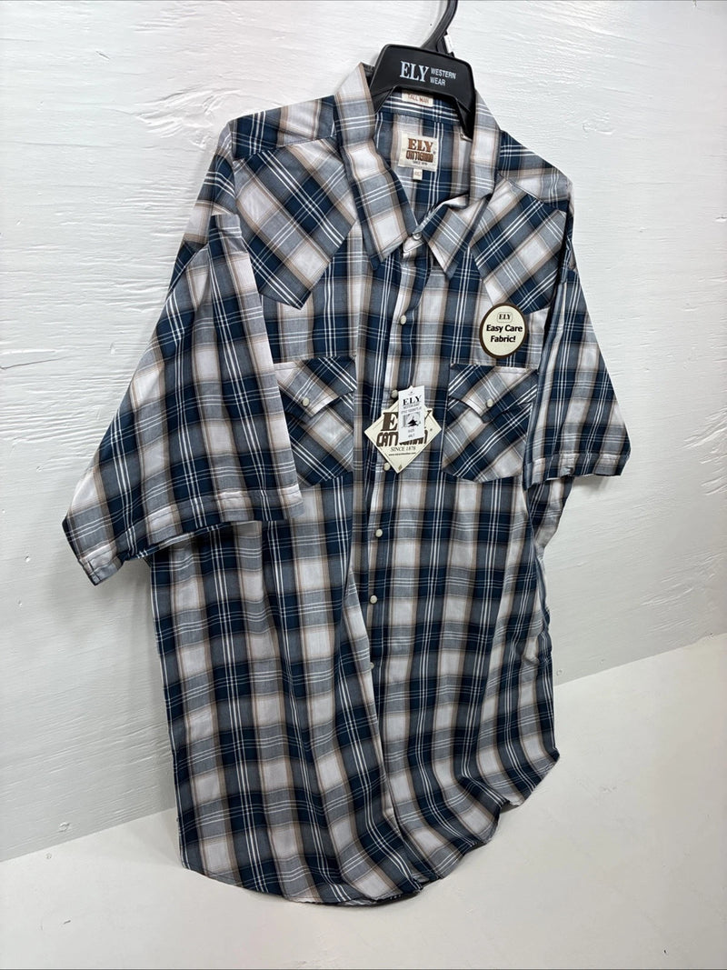 New Men’s ELY Cattleman Blue Tan Flannel Short Sleeve Pearl Snap 4XL E-68