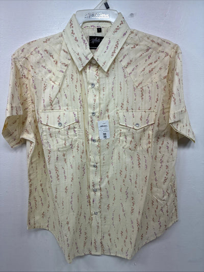New Women’s White Horse Yellow Floral Short Sleeve Pearl Snap Large II-95
