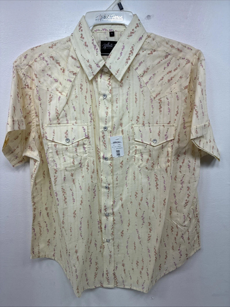 New Women’s White Horse Yellow Floral Short Sleeve Pearl Snap Large II-95