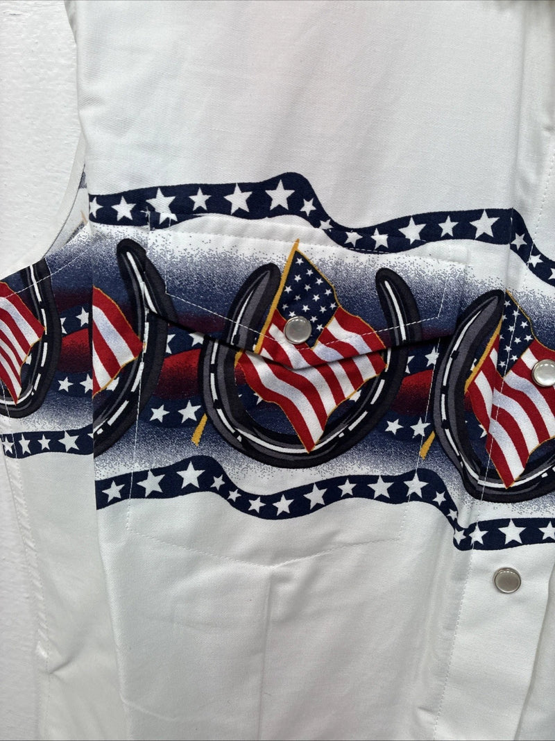 New Women’s Cumberland White Flag Design Short Sleeve Pearl Snap Large II-67