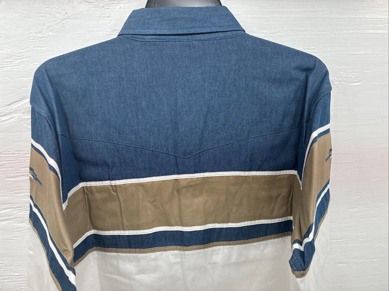 New Men’s ELY Cattleman White Blue Tan Western Long Sleeve Pearl Snap XL R-55