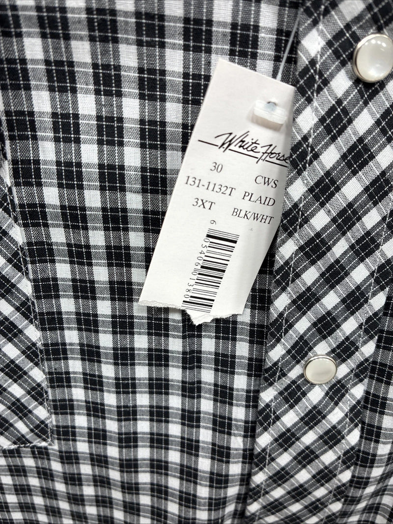 New Men’s White Horse Black White Checkered Long Sleeve Pearl Snap 3XL E-59