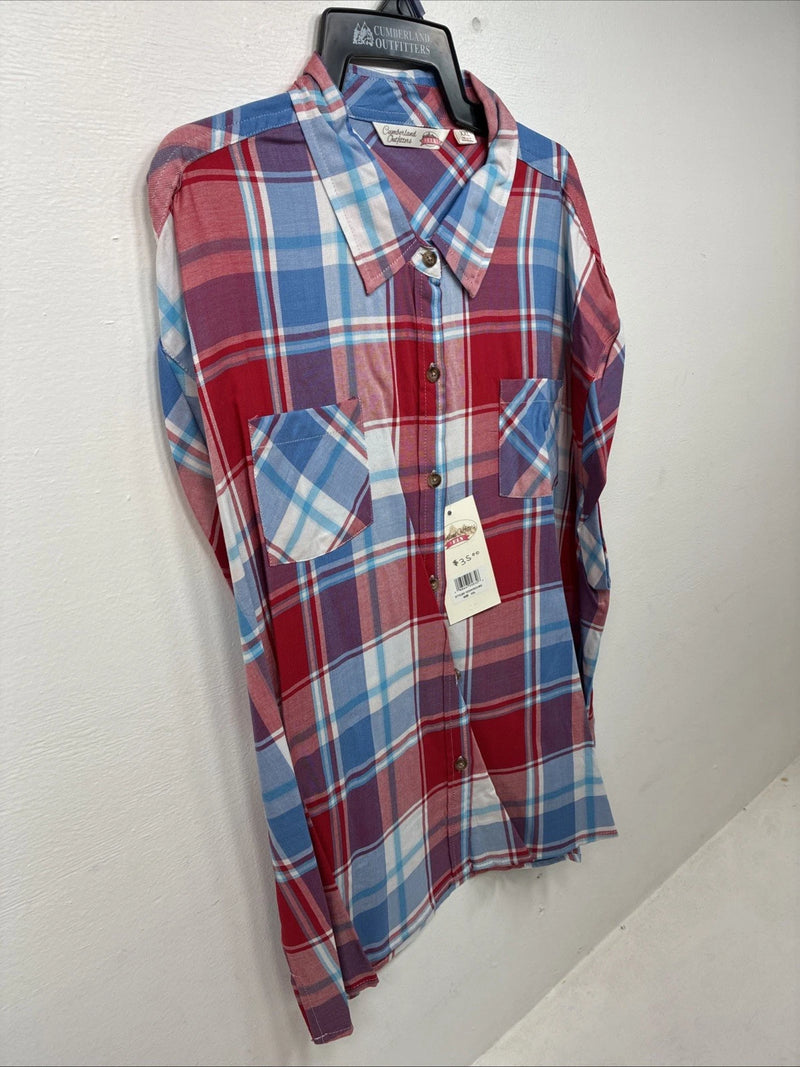 New Women’s Cumberland Red Blue Plaid Short Sleeve Button Up 2XL GG-22