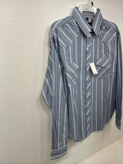New Women’s White Horse Blue Stripe Long Sleeve Pearl Snap Large YY-124