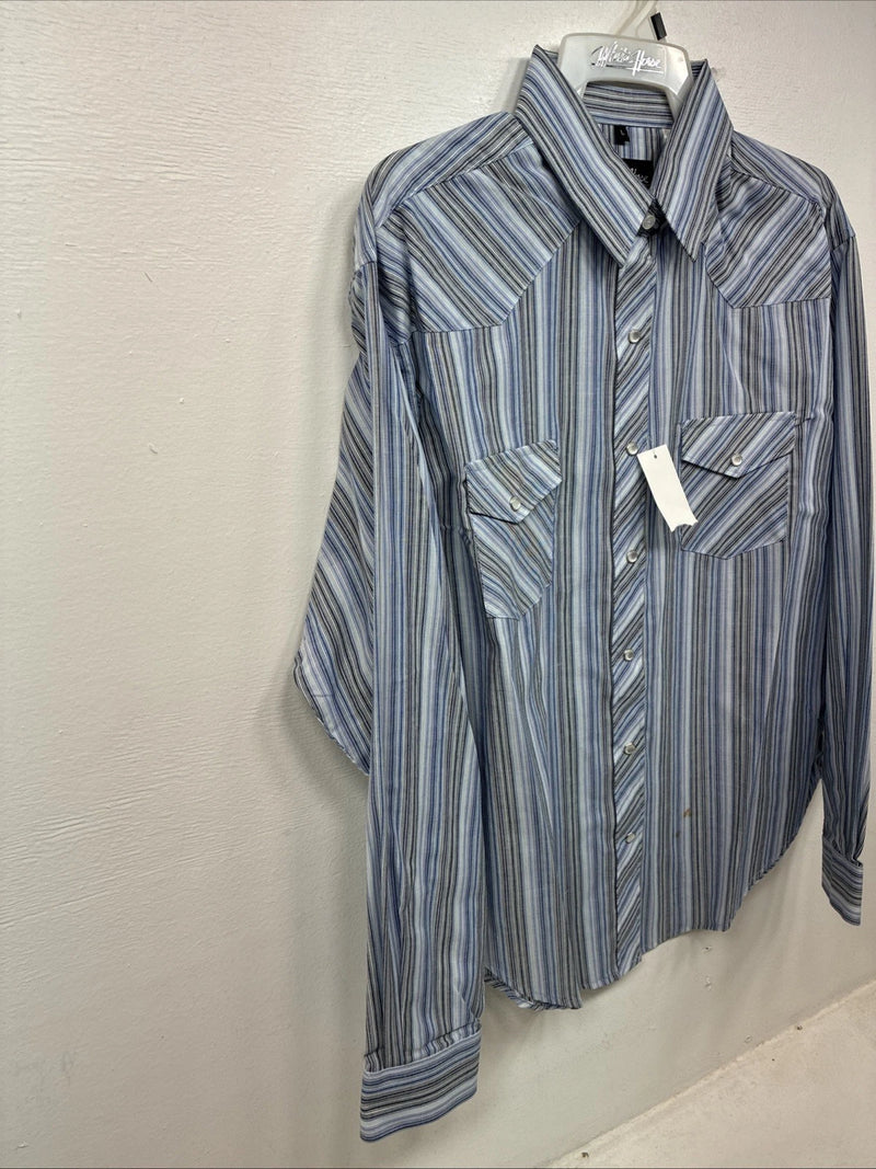 New Women’s White Horse Blue Stripe Long Sleeve Pearl Snap Large YY-124