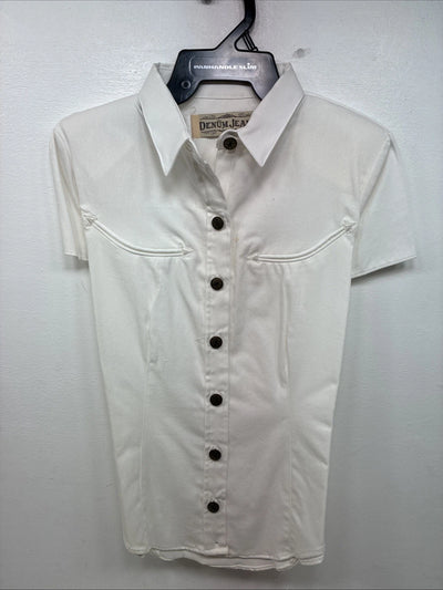 New Women’s Demum Jeans White Short Sleeve Button Up Shirt Medium YY-87