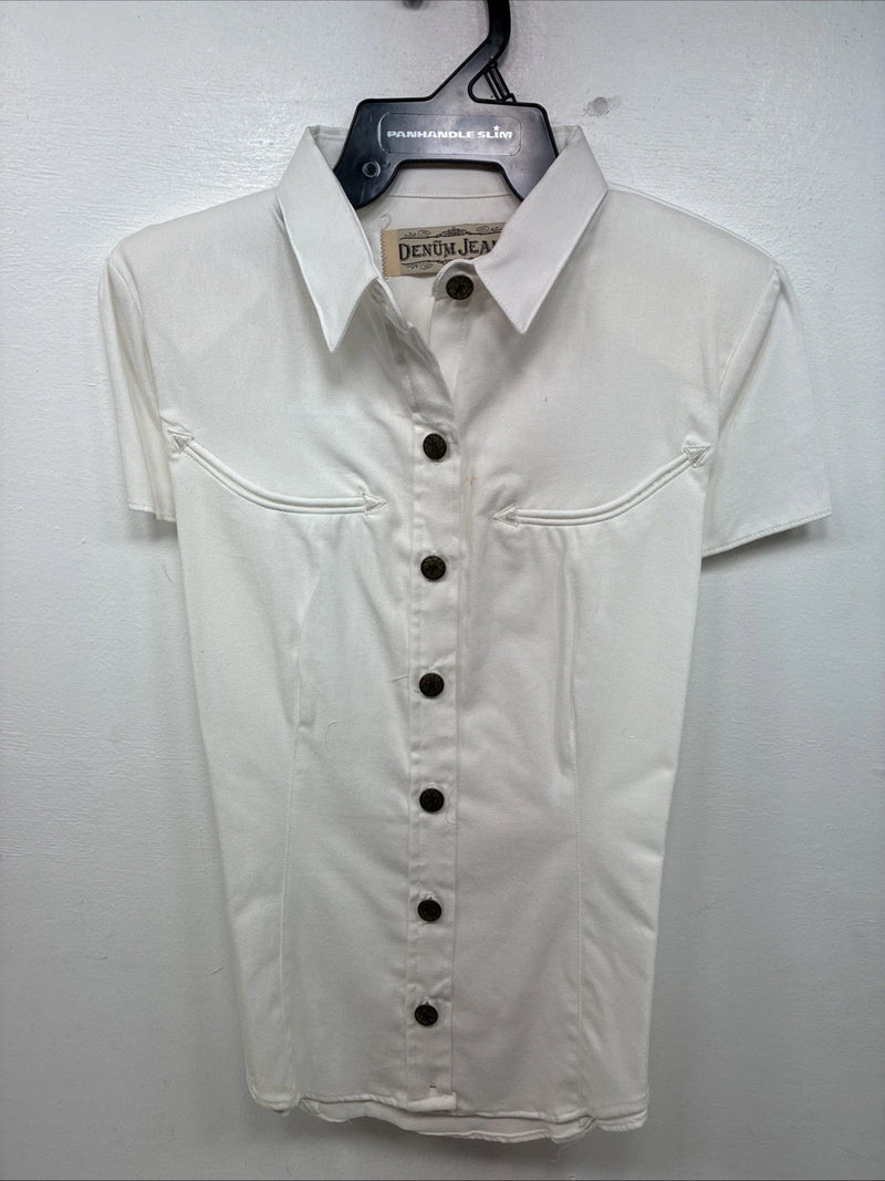 New Women’s Demum Jeans White Short Sleeve Button Up Shirt Medium YY-87