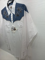 New Men’s ELY Cattleman White Blue Embroidered Long Sleeve Pearl Snap 2XL H-29