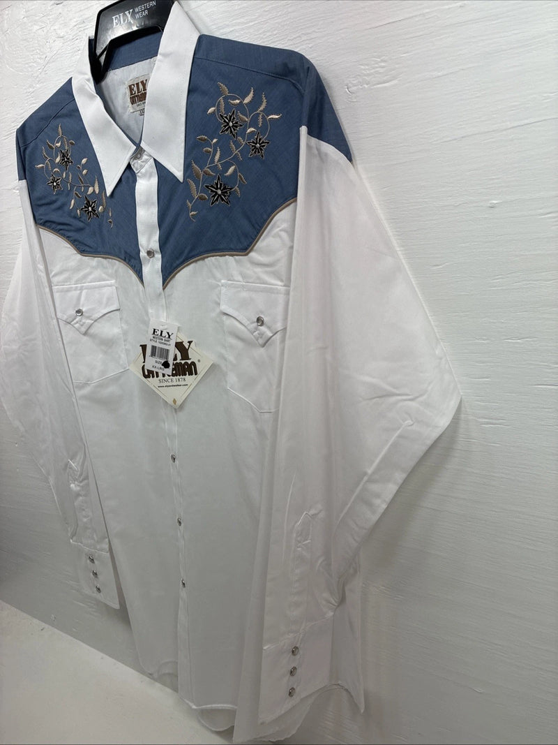 New Men’s ELY Cattleman White Blue Embroidered Long Sleeve Pearl Snap 2XL H-29