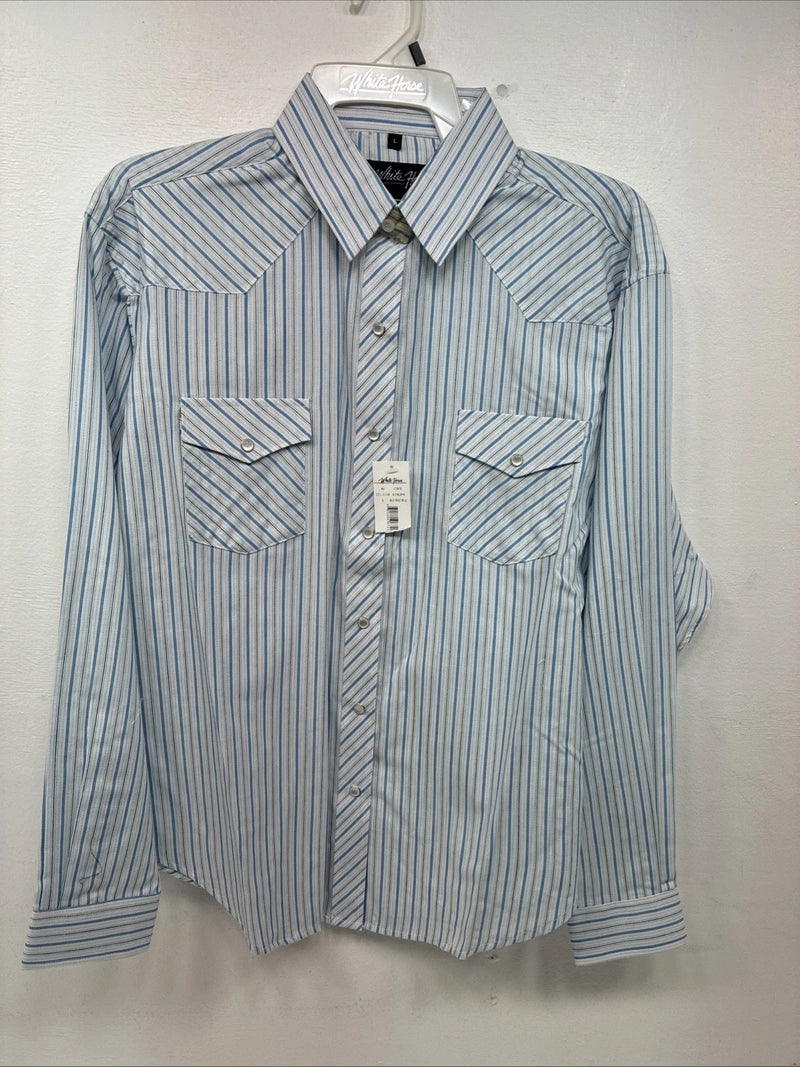 New Women’s White Horse Blue Stripe Long Sleeve Pearl Snap Large GG-74