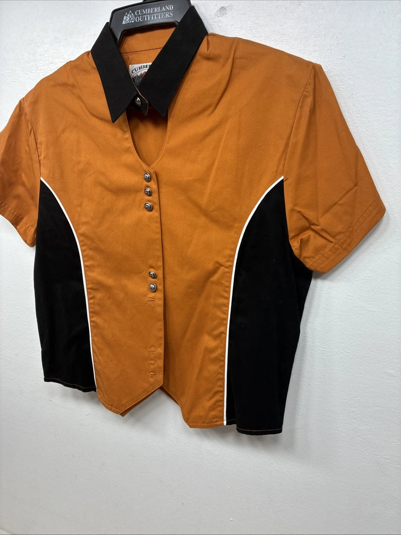 New Women’s Cumberland Orange Black Short Sleeev Crop Button Up Small TT-107 