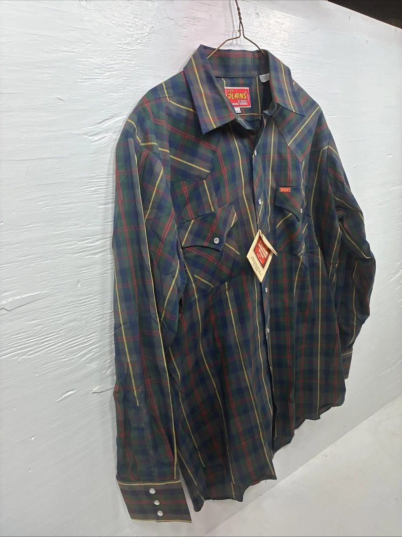 New Men’s ELY Plains Green Plaid Long Sleeve Pearl Snap 16.5 X 34 Large AA-43