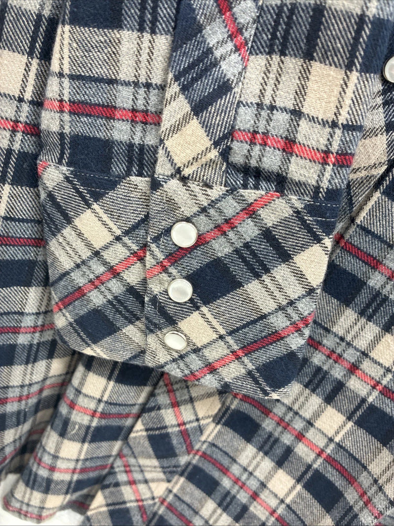 New Men’s White Horse Brown Blue Plaid Long Sleeve Pearl Snap Large Tall X-74