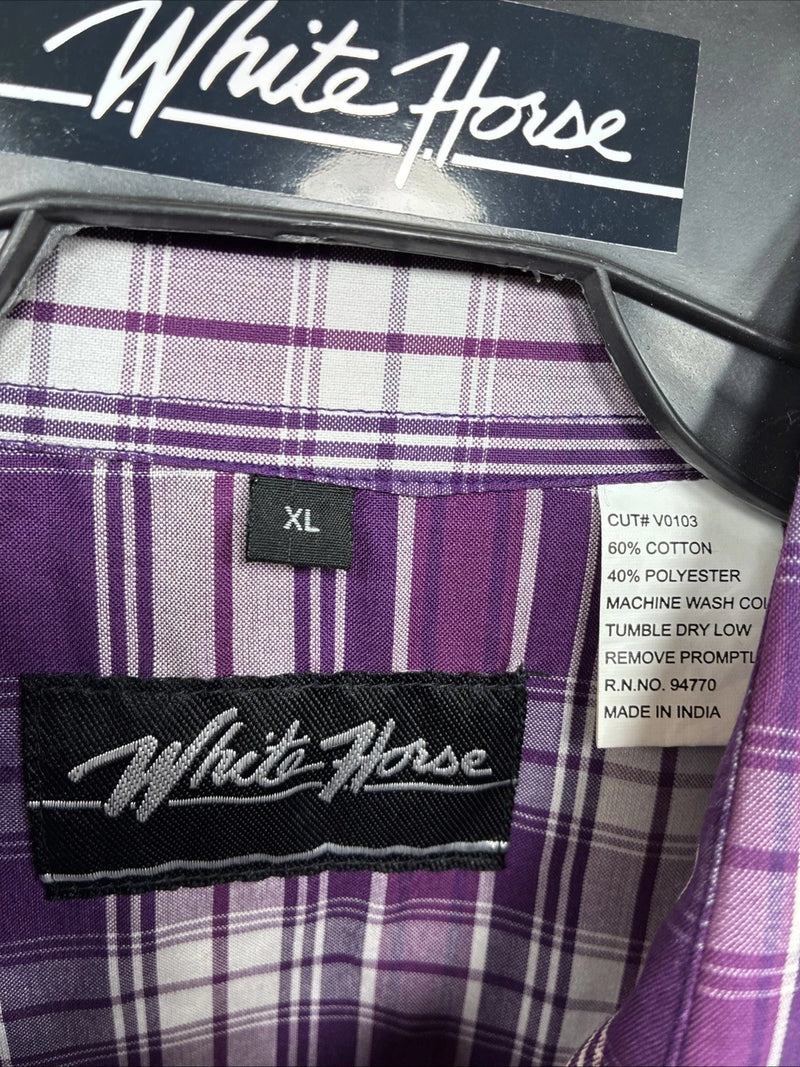New Men’s White Horse People Plaid Long Sleeve Pearl Snap XL J-37