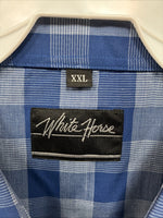 New Men’s White Horse Blue Checkered Short Sleeve Pearl Snap 2XL H-68