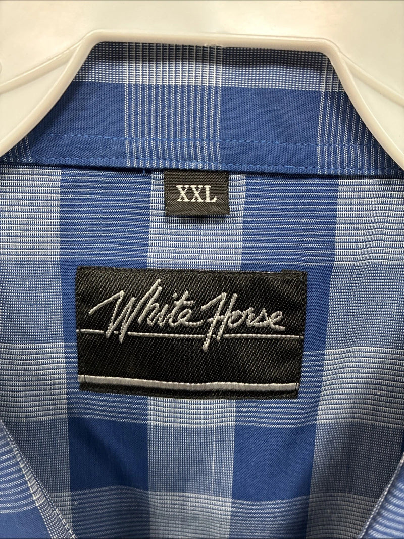 New Men’s White Horse Blue Checkered Short Sleeve Pearl Snap 2XL H-68