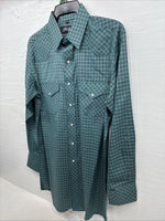 New Men’s White Horse Green Plaid Long Sleeve Pearl Snap Medium K-43
