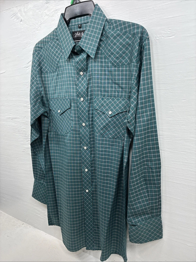 New Men’s White Horse Green Plaid Long Sleeve Pearl Snap Medium K-43