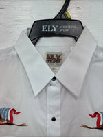 New Men’s ELY Cattleman White Eagle Flag Short Sleeve Pearl Snap Large Q-45