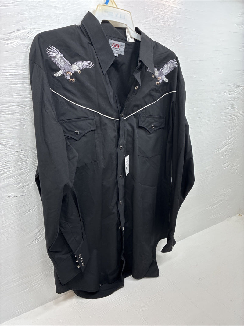 New Men’s ELY diamond Black Western Eagle Long Sleeve Pearls Snap 2XL F-67 