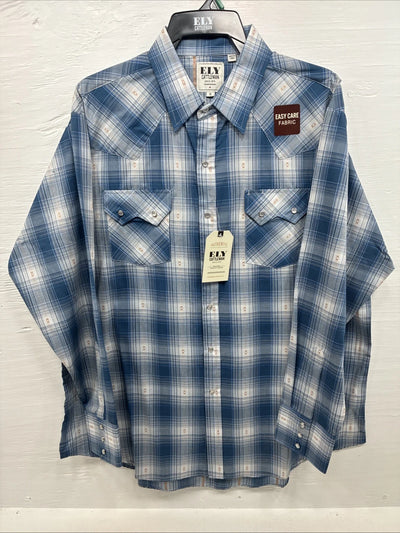 New Men’s ELY Cattleman Blue White Plaid Long Sleeve Pearl Snap XL T-44