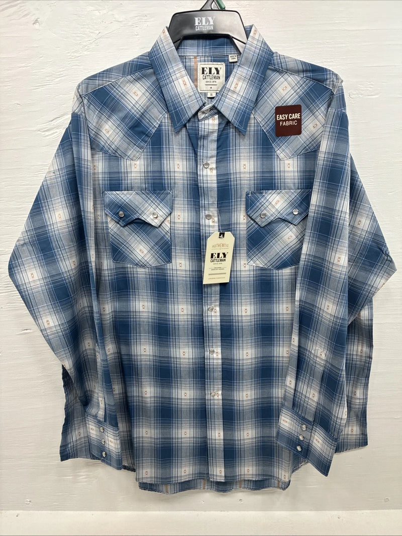 New Men’s ELY Cattleman Blue White Plaid Long Sleeve Pearl Snap XL T-44