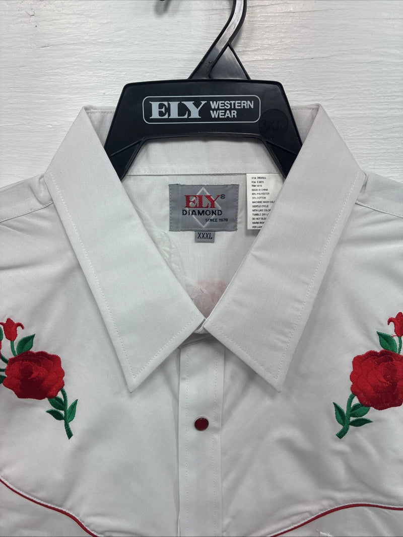 New Men’s ELY diamond White Rose Long Sleeve Pearl Snap 3XL F-53