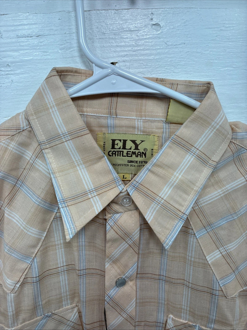 New Men’s ELY Cattleman Orange Plaid Short Sleeve Pearl Snap Large X-61