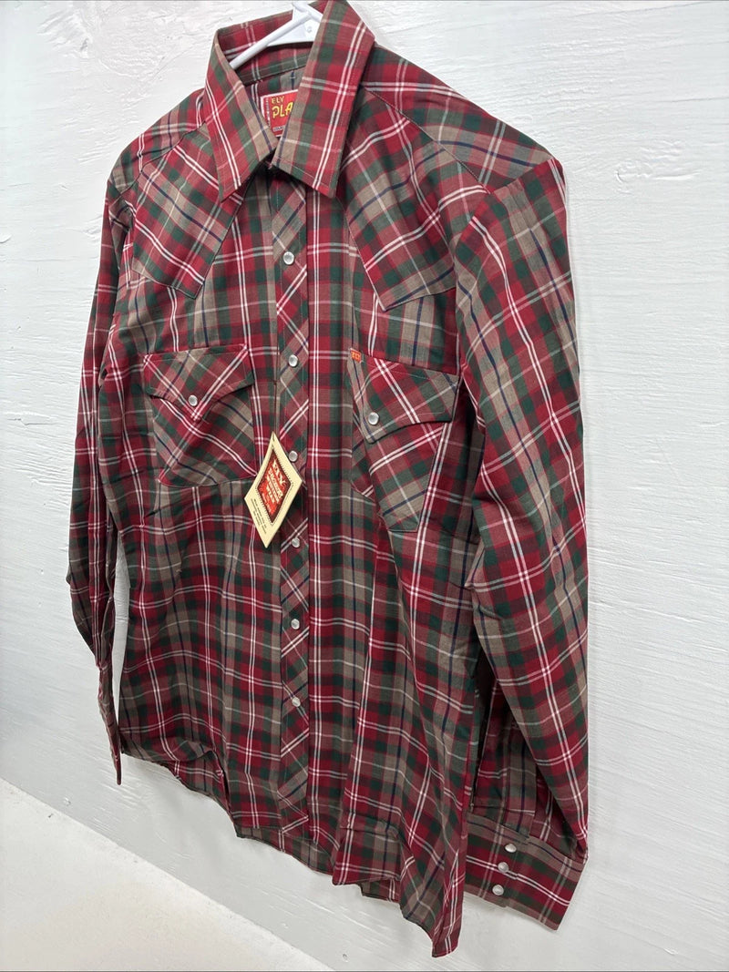 New Men’s ELY Plains Red Plaid Long Sleeve Pearl Snap 15 X 34 Medium AA-79 