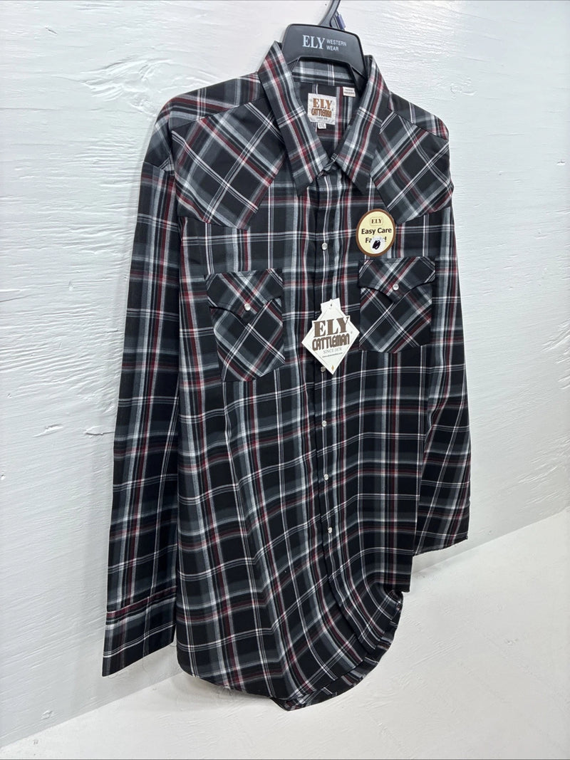 New Men’s ELY Cattleman Black Red Flannel Long Sleeve Pearl Snap 2XL F-93