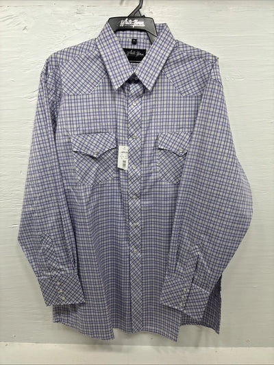 New Men’s White Horse Purple Plaid Long Sleeve Pearl Snap XL M-70