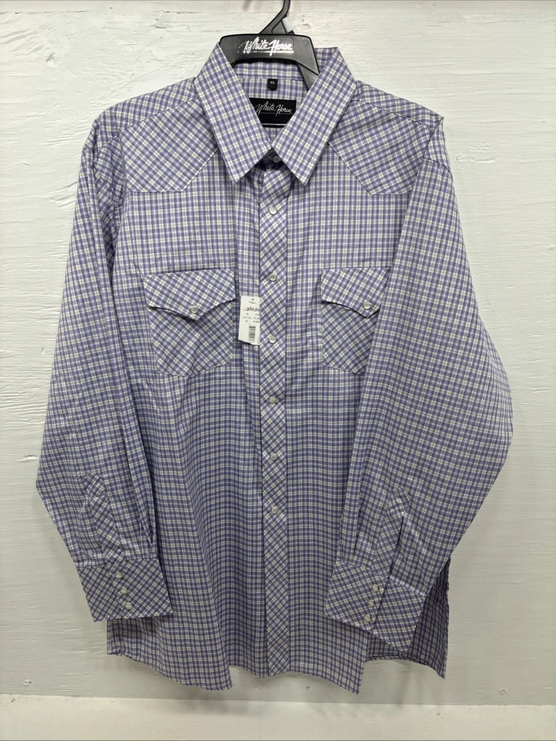 New Men’s White Horse Purple Plaid Long Sleeve Pearl Snap XL M-70