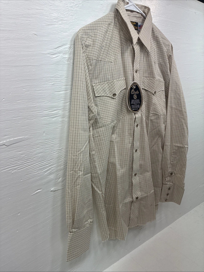 New Men’s Circle S Tan Plaid Long Sleeve Pearl Snap 15 X 34 Medium K-80