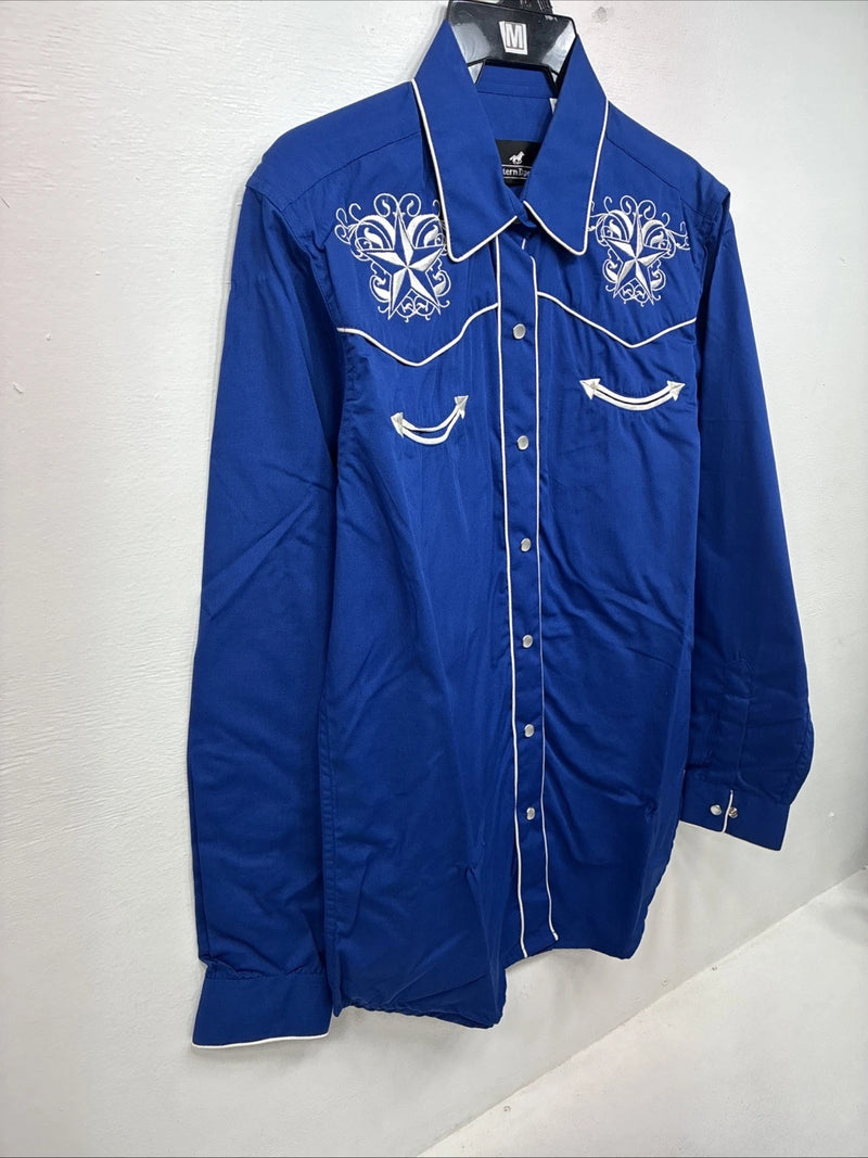 New Women’s Western Express Blue Design Long Sleeve Pearl Snap Medium LL-68