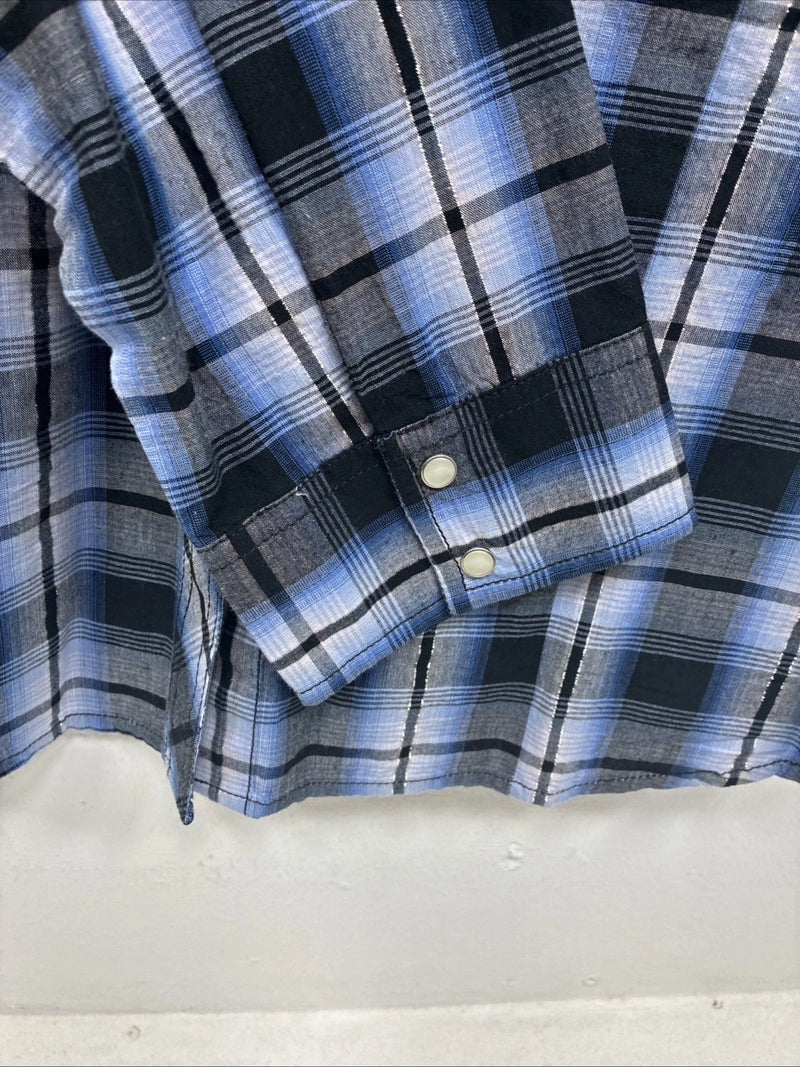 New Women’s Cumberland Blue Black Plaid Long Sleeve Pearl Snap XL GG-64