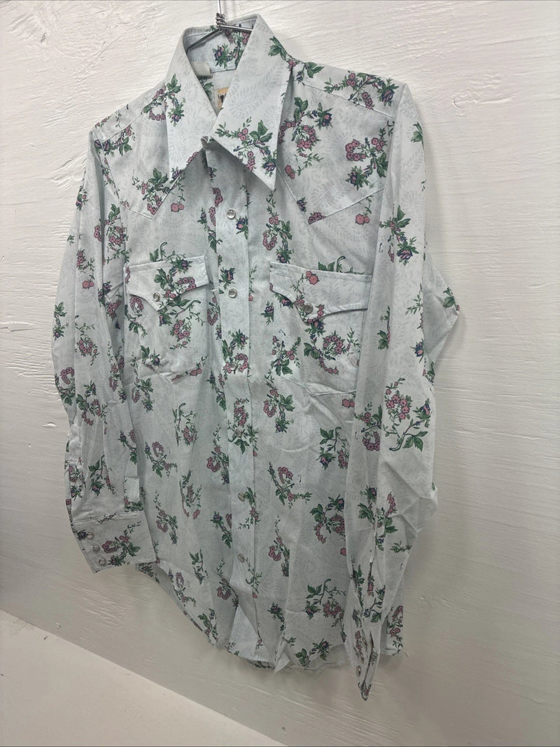 New Men’s Texson Blue Floral Long Sleeve Pearl Snap 14 X 32 Small V-65