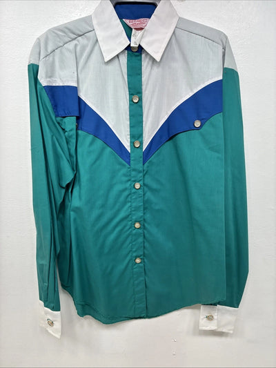 New Women’s H Bar C Green White Design Long Sleeve Pearl Snap Size 36 YY-82