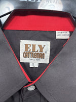 New Men’s ELY Cattleman Black Flag Design Long Sleeve Pearl Snap Large T-58