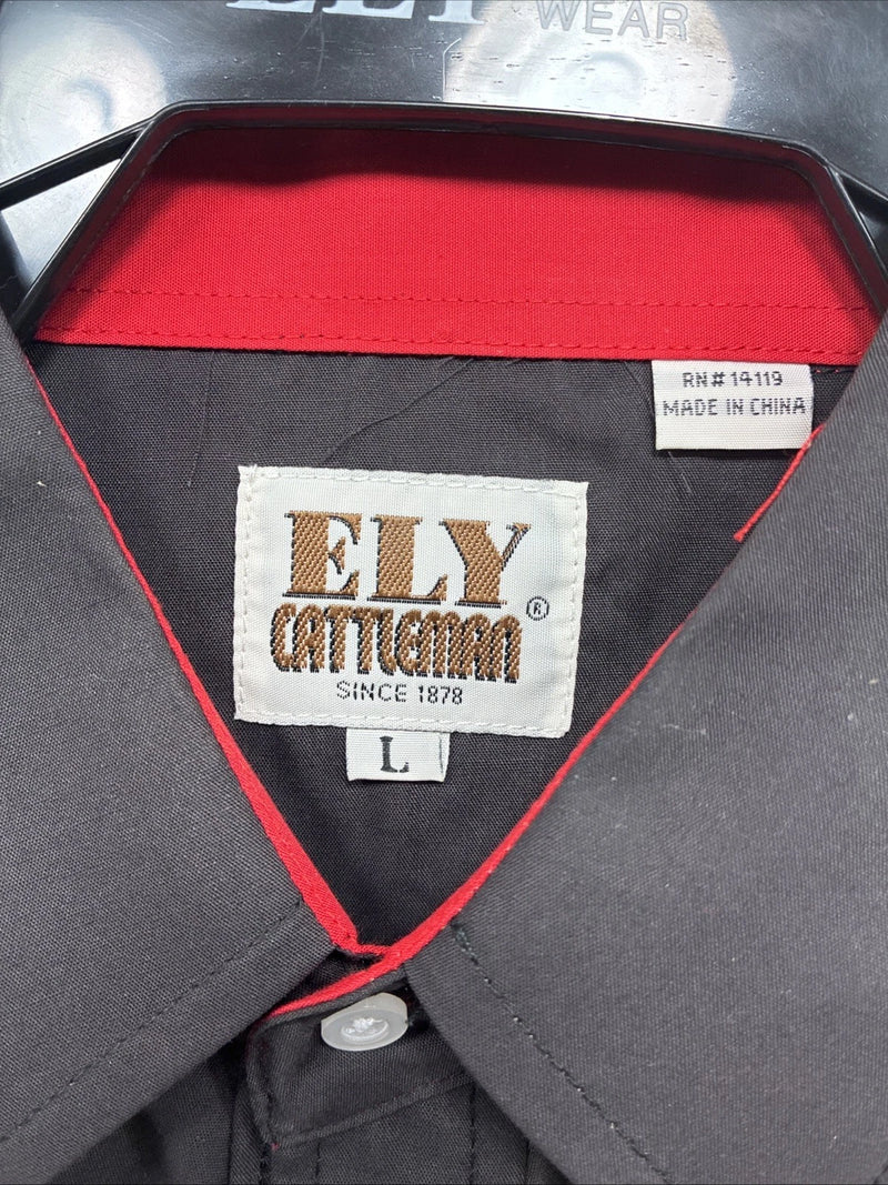 New Men’s ELY Cattleman Black Flag Design Long Sleeve Pearl Snap Large T-58