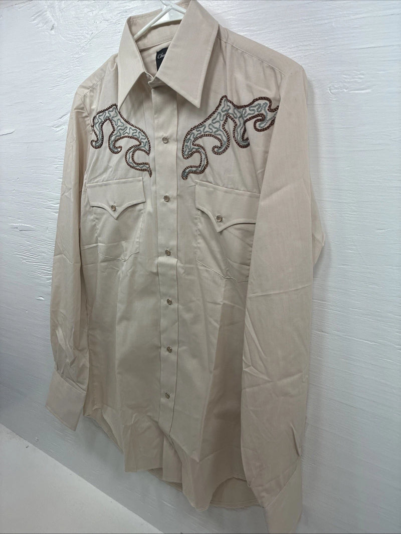 New Men’s Champion Western Tan Embroidered Long Sleeve Pearl Snap Medium T-84