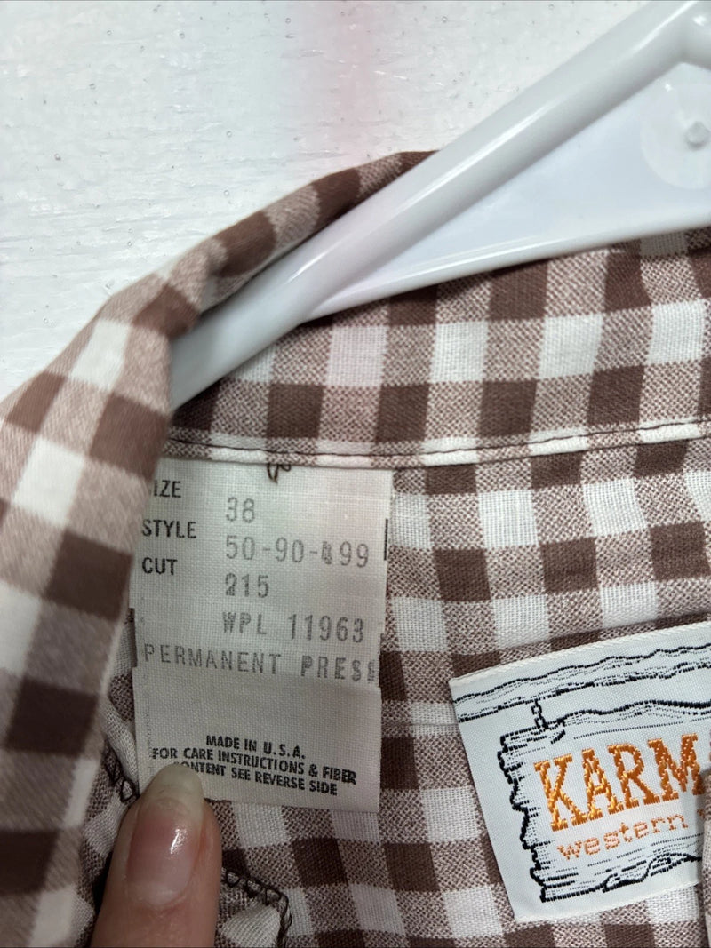 New Women’s Karman Brown Checkered Long Sleeve Pearl Snap Size 38 II-88