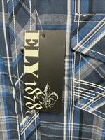 New Men’s ELY 1878 Blue Plaid Short Sleeve Pearl Snap XL R-48