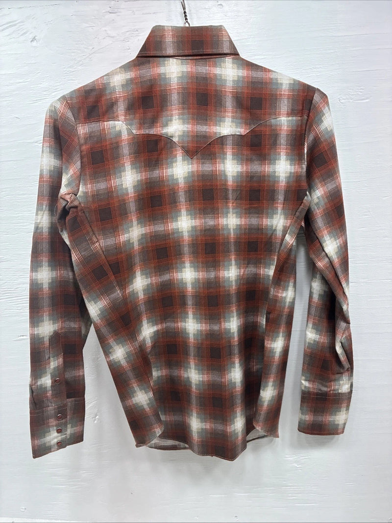 New Men’s Panhandle Slim Orange Plaid Long Sleeve Pearl Snap Small J-64