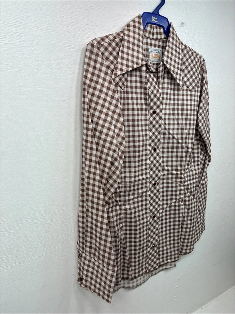 New Women’s Karman Brown Checkered Long Sleeve Pearl Snap Size 30 LL-54