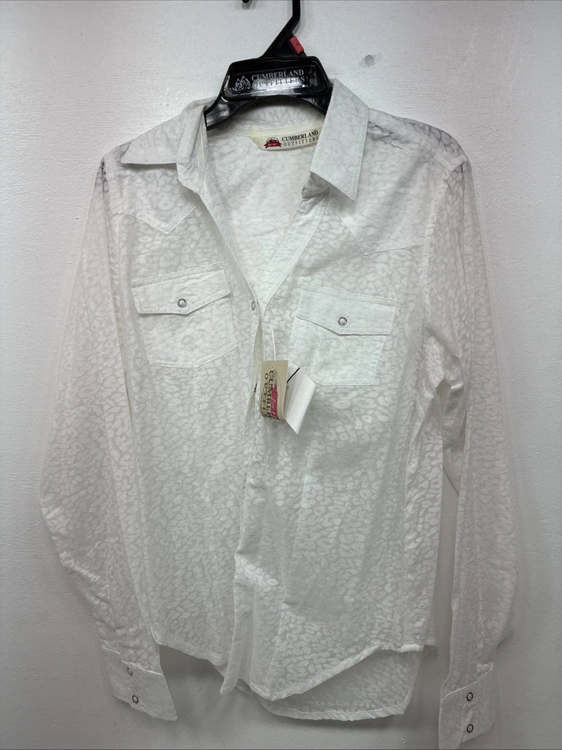New Women’s Cumberland White Cheetah Print Long Sleeve Pearl Snap Small LL-2